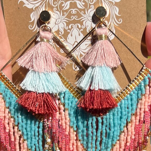 Handmade Beaded Long Tassel Fringe Dangle Drop Bohemian Post Diamond Earrings - Picture 4 of 9